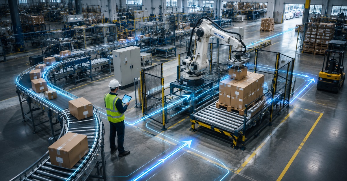 Automated palletizer robot integrated into an existing conveyor packaging line, with an operator monitoring case flow on a tablet.