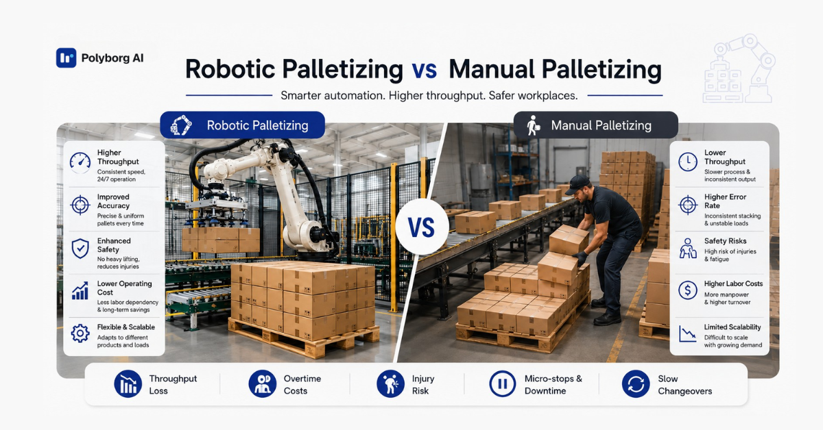 Robotic palletizing vs manual palletizing comparison showing throughput, labor costs, safety, downtime, and packaging automation ROI benefits.