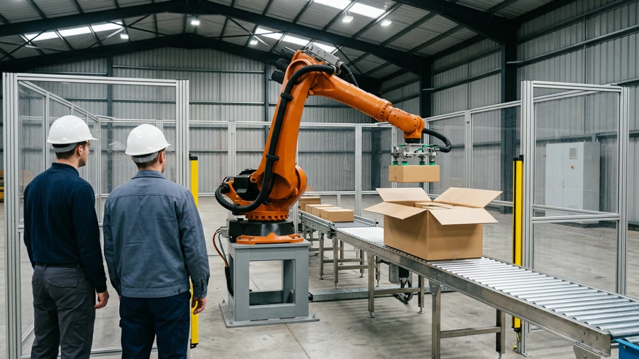 Two factory workers viewed from behind observing an orange case-packing robot through a safety enclosure
