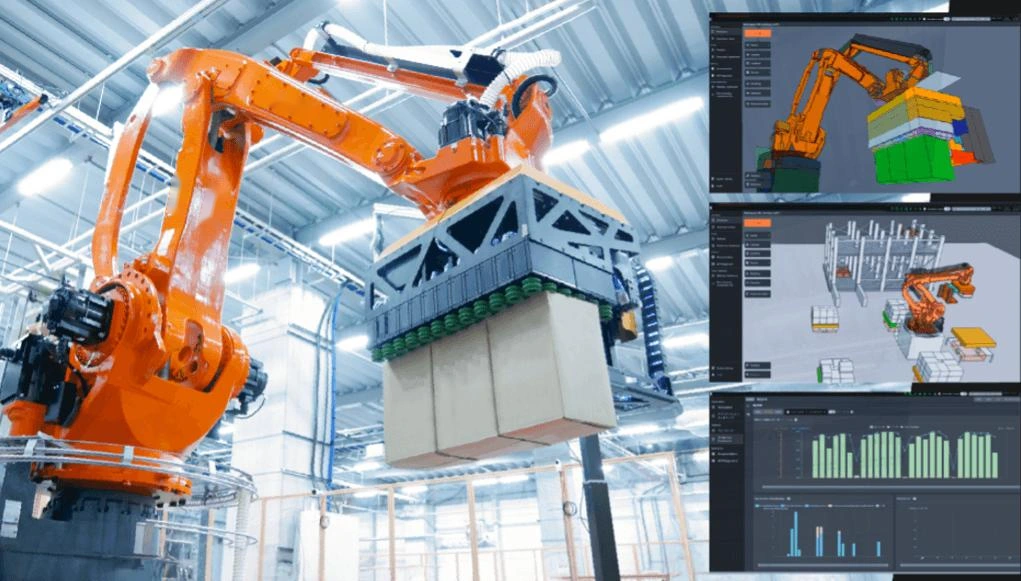 Orange industrial robot handling cartons alongside robotics simulation and analysis views