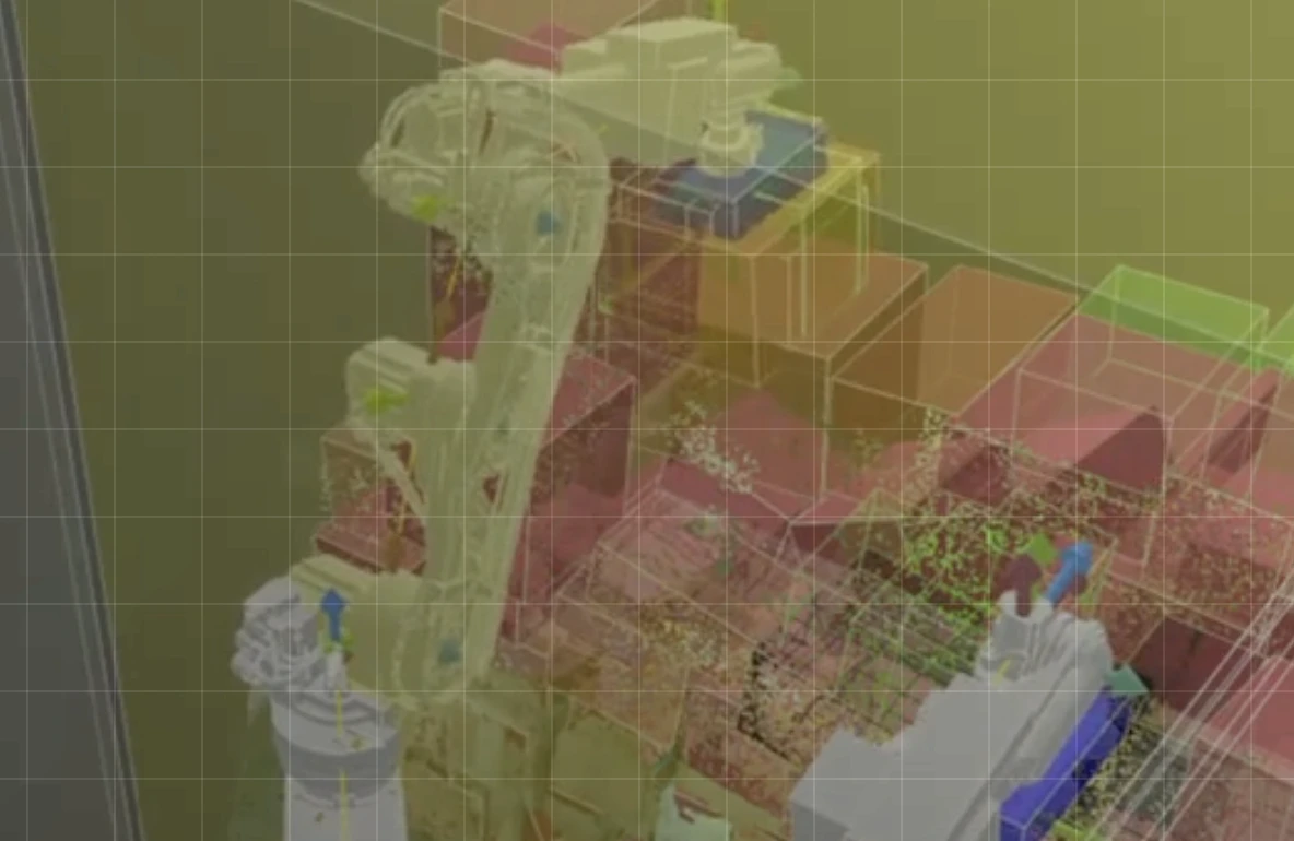 Robotic simulation showing the arm, conveyor geometry, coordinate axes and point-cloud model