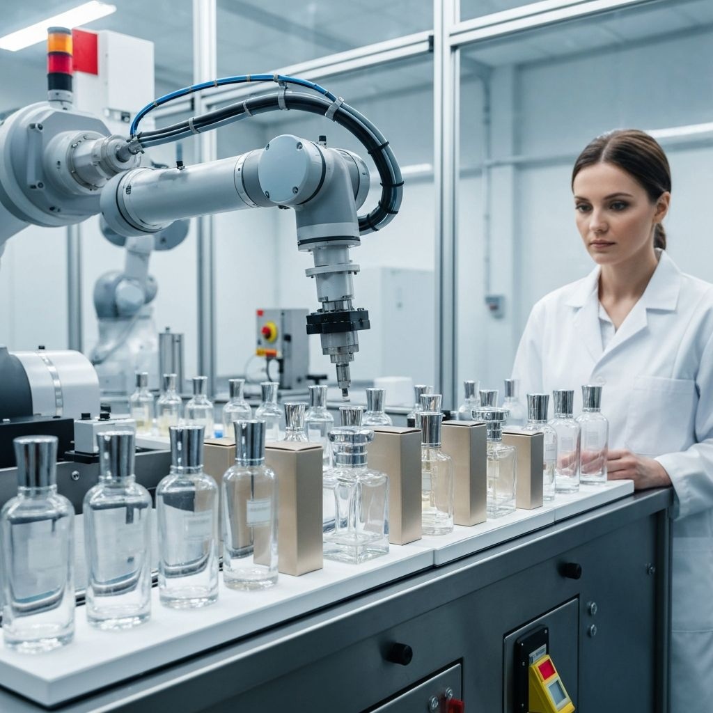 Robotic arm placing cosmetic bottles on a beauty line