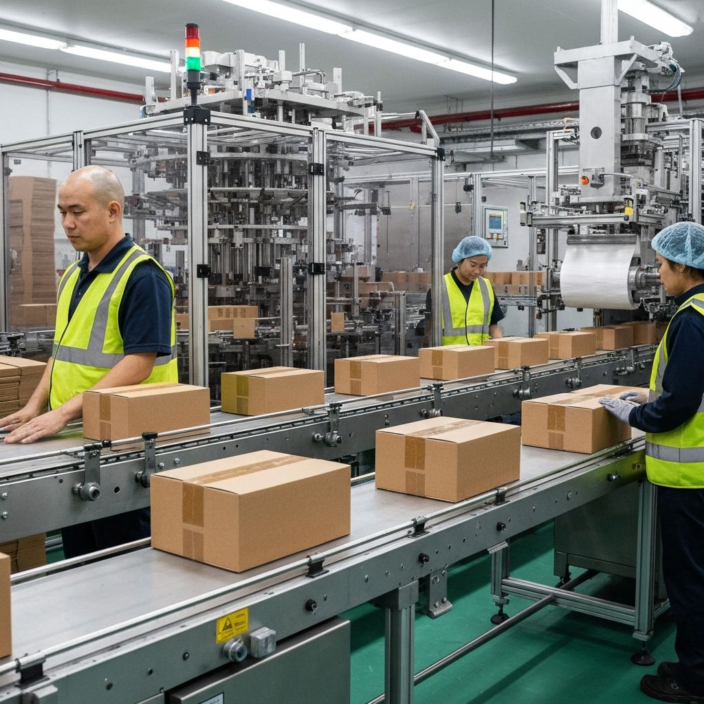 Automated case packing machine on a production line