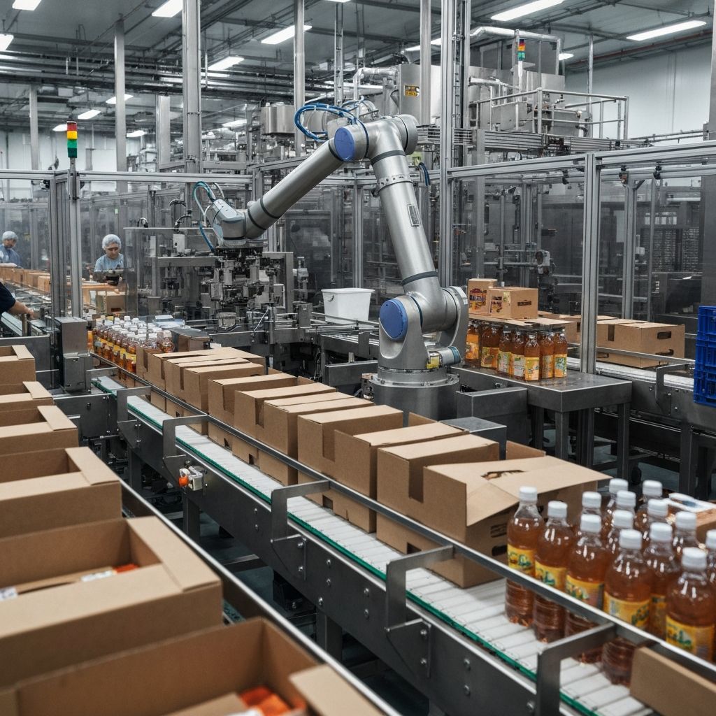 Robotic arm packing food products on a conveyor line