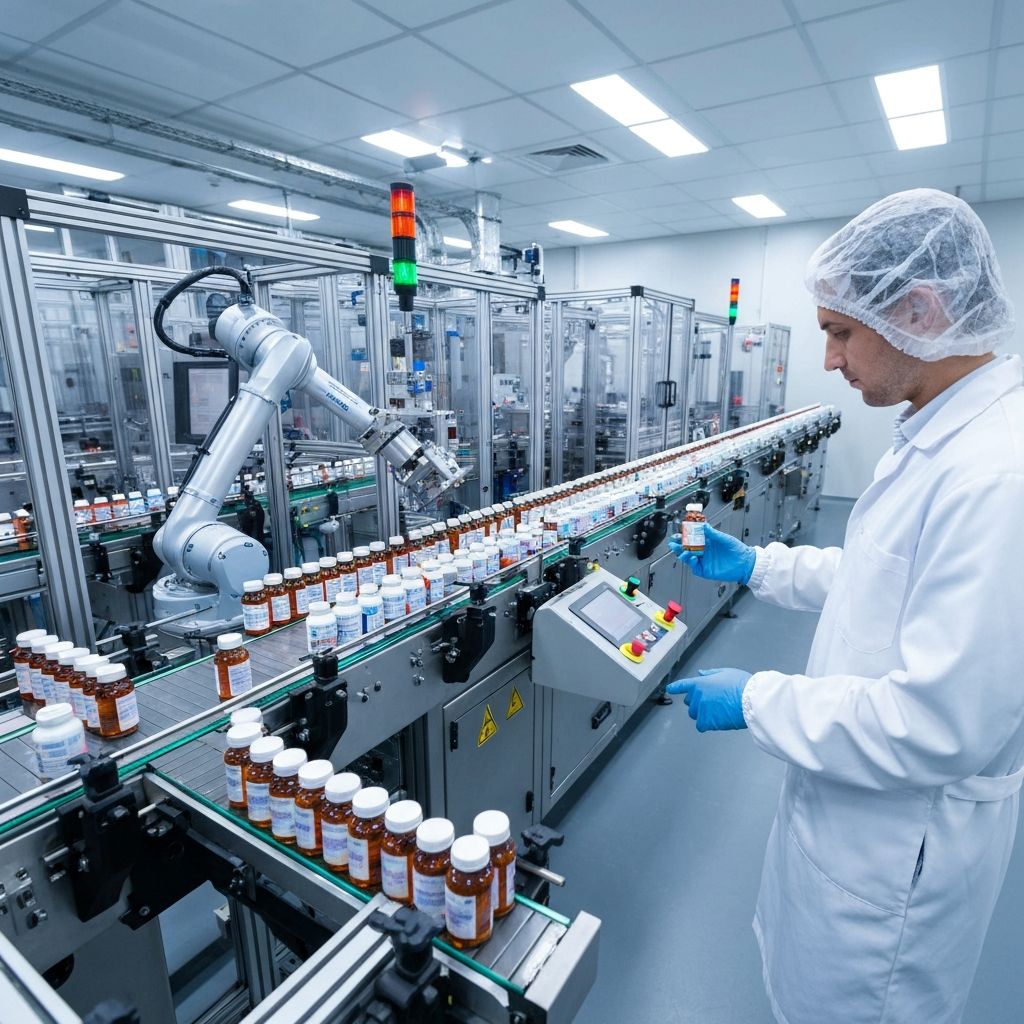 Robotic arm filling supplement bottles on a production line