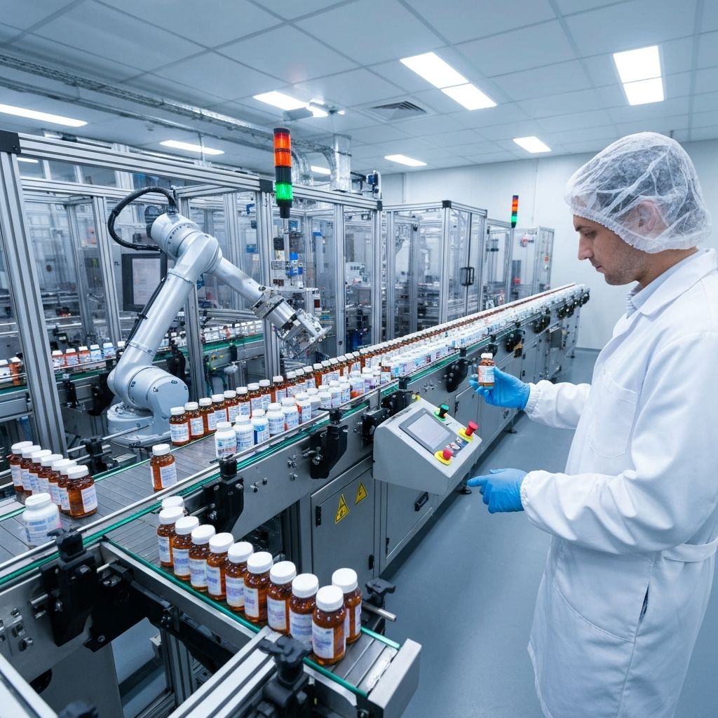 Robotic arm filling supplement bottles on a production line